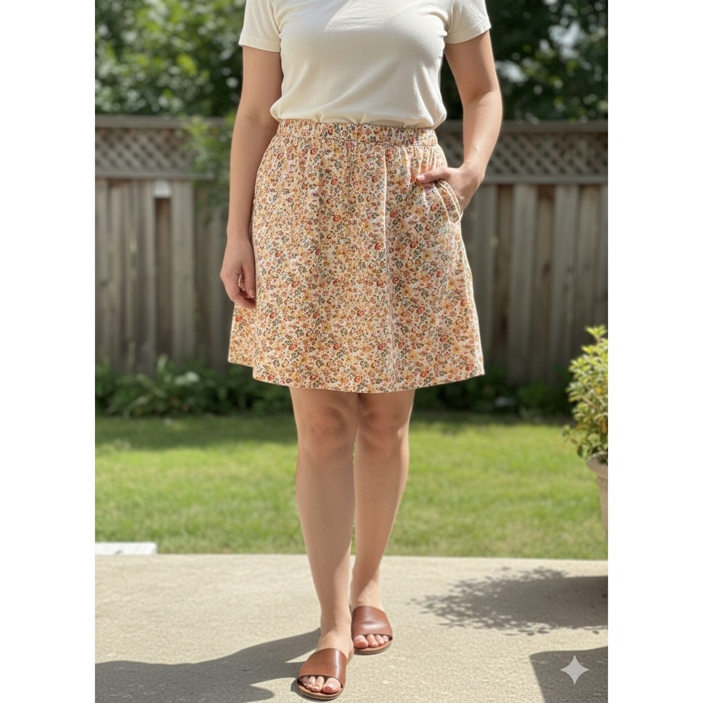 IZOD Women Floral A-Line Skirt Orange Yellow Brown Ditsy Print Size 14 Cotton